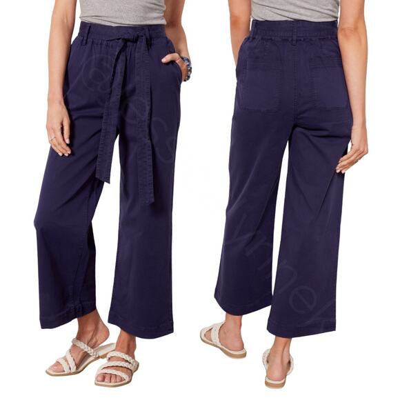 Michael Stars Pants - Cotton Twill High Waisted Tie Belted Wide Leg Cropped Ankle Pants Navy Blue - M